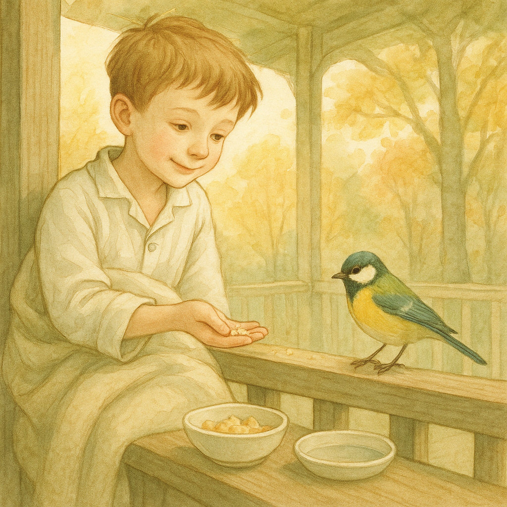 A sick boy offers bread crumbs to a small bird on a sunlit porch, an illustration for Doctor Birds.