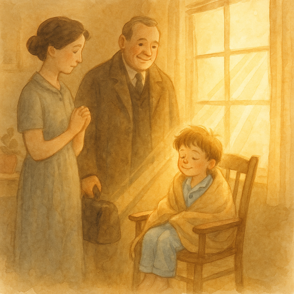 A sick boy sits in sunlight by a window with his mother and doctor beside him, in the story Dr. Sun.