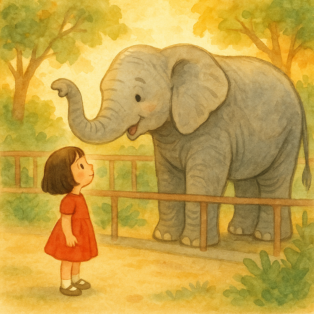 A young girl talks to a friendly elephant at the zoo, illustrating the story Elephant Ways.