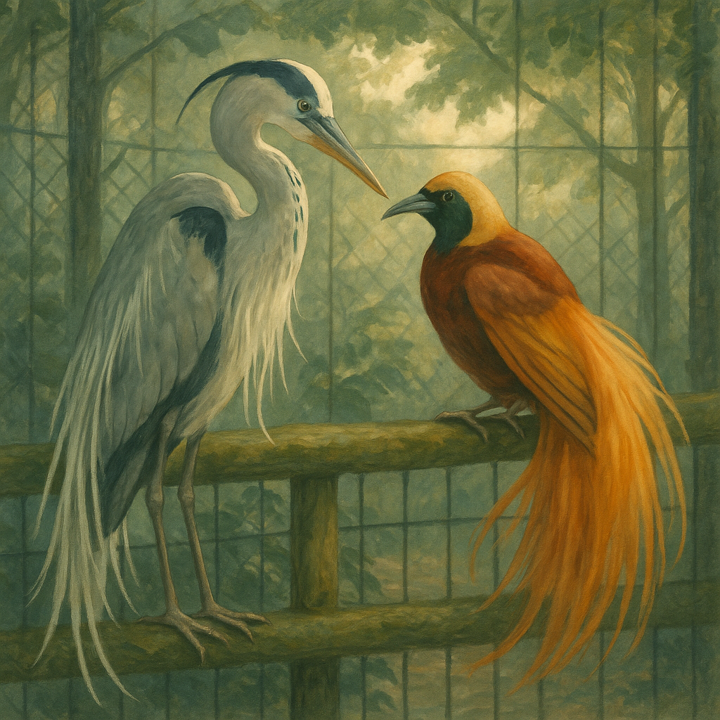 A heron and a bird of paradise talk at the zoo, in the story Evelyn Decides Something.