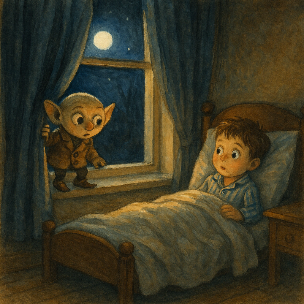 A cheerful goblin on a windowsill greets a surprised boy in bed, illustrating George and the Goblin.