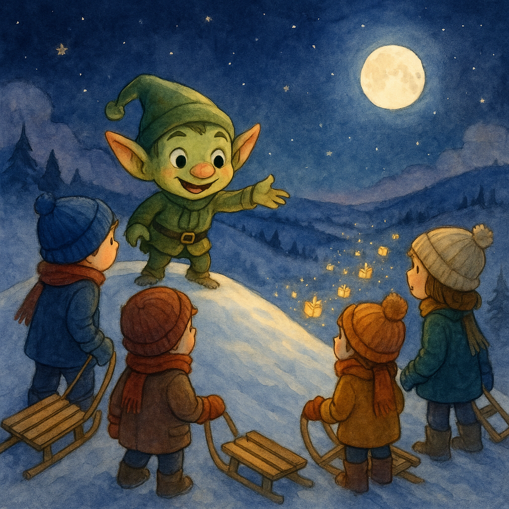Peter Goblin leads children with sleds to the Hill of Dreams in Goblins' Secrets by Mary Graham Bonner