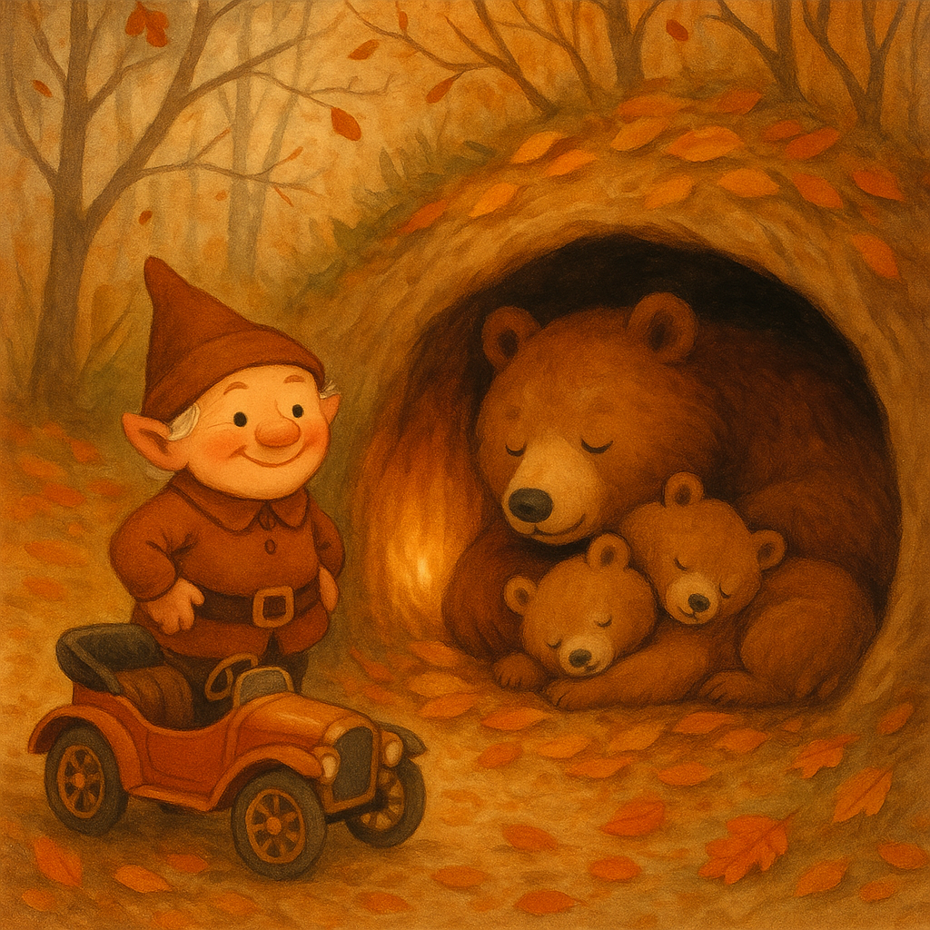 Billie Brownie in his little motor car saying good-winter to Mother Grizzly and her cubs in their den — Good-Winter