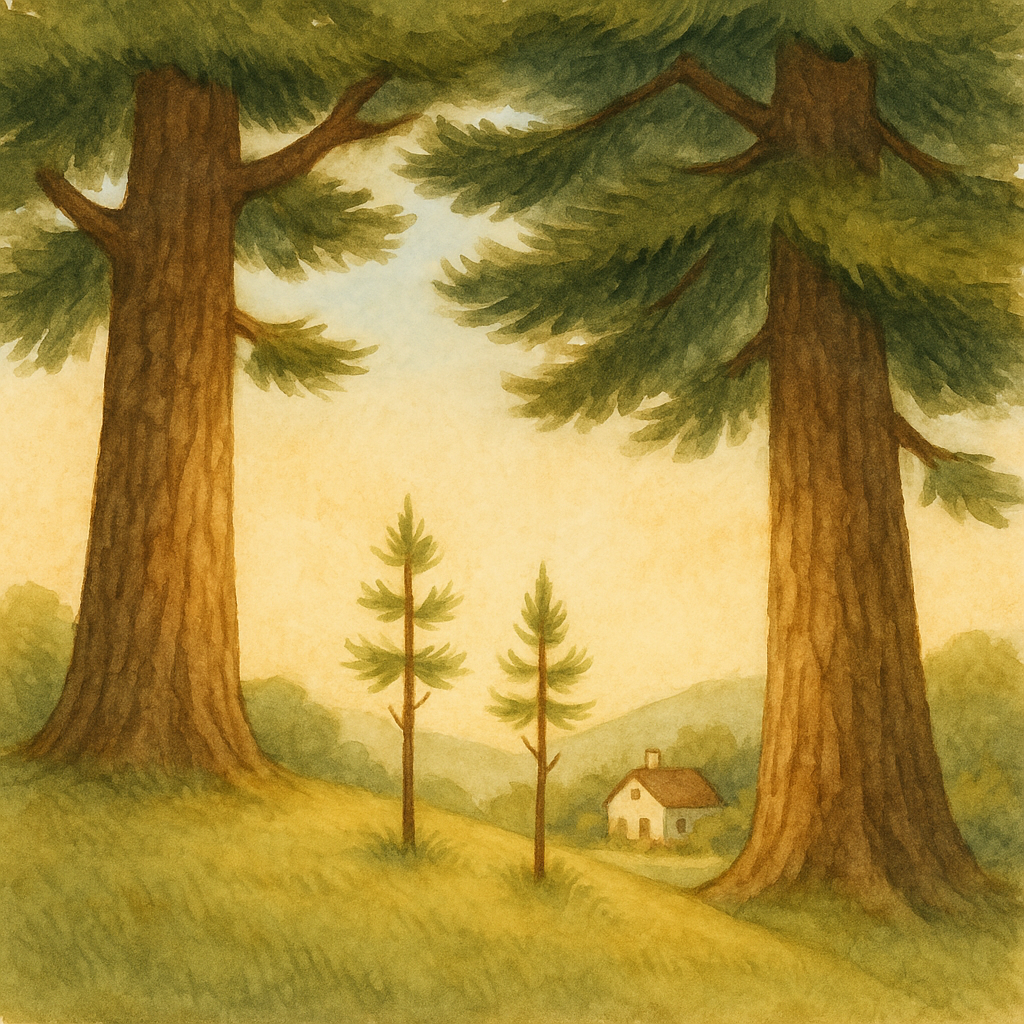 Two small pine saplings stand beside two towering elder pines on a hill, in Grandfather Pine Tree