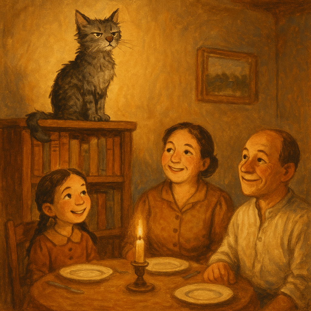 A proud stray cat perches on a bookcase above a smiling family at dinner, in Gypsy the Cat.