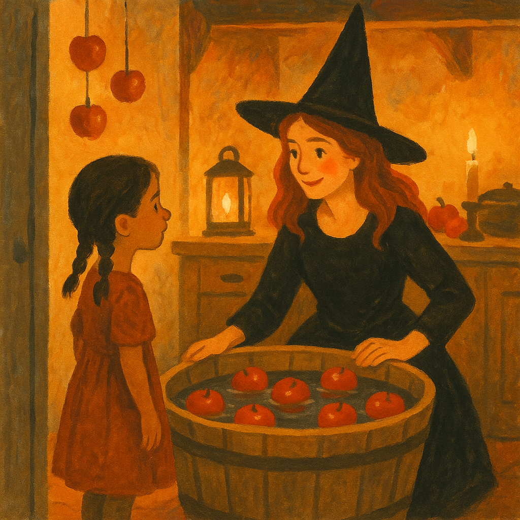 A girl and her mother in a witch costume beside a tub of bobbing apples, illustrating Hallowe'en