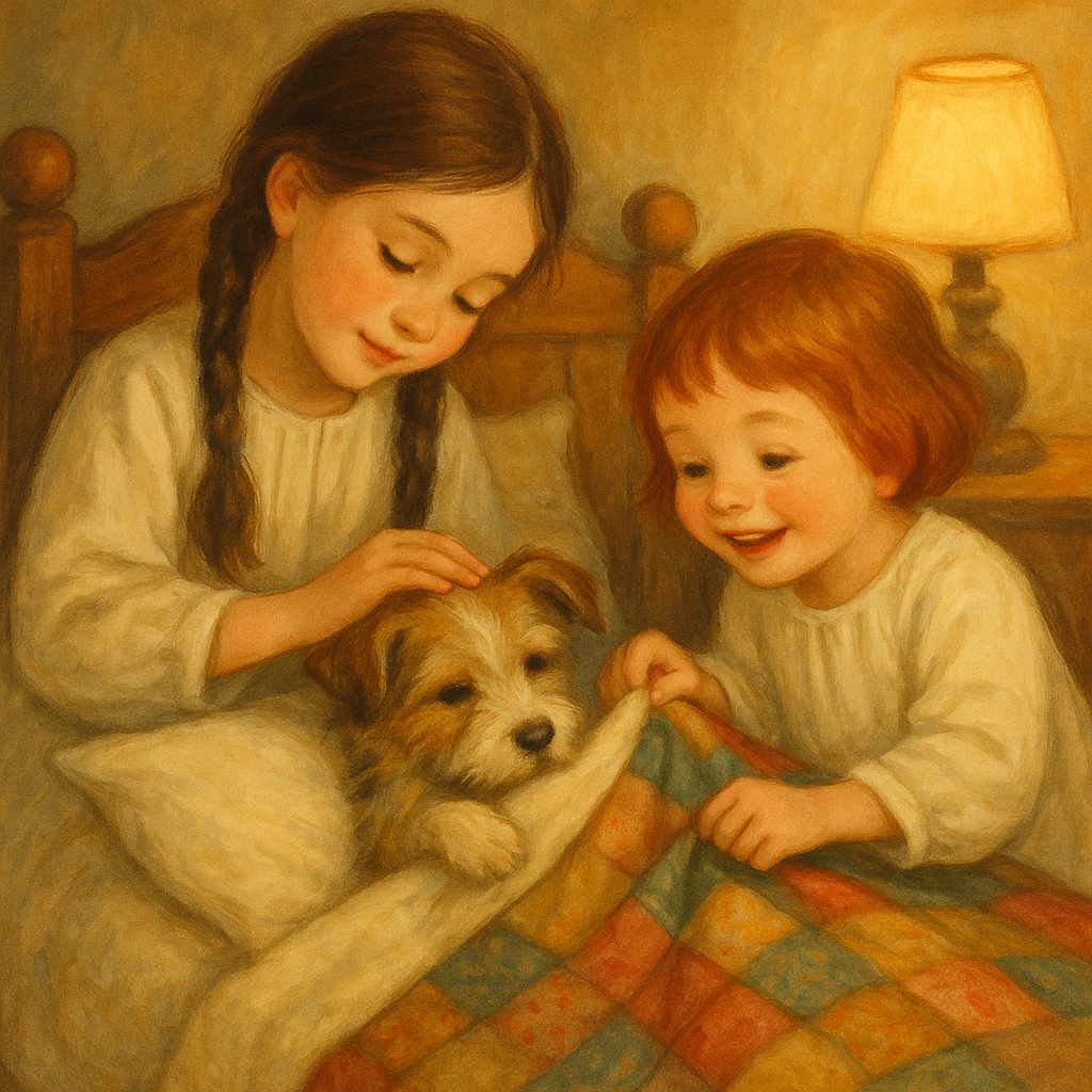 Two young sisters tucking a small stray puppy into bed in the story Happy Compton.