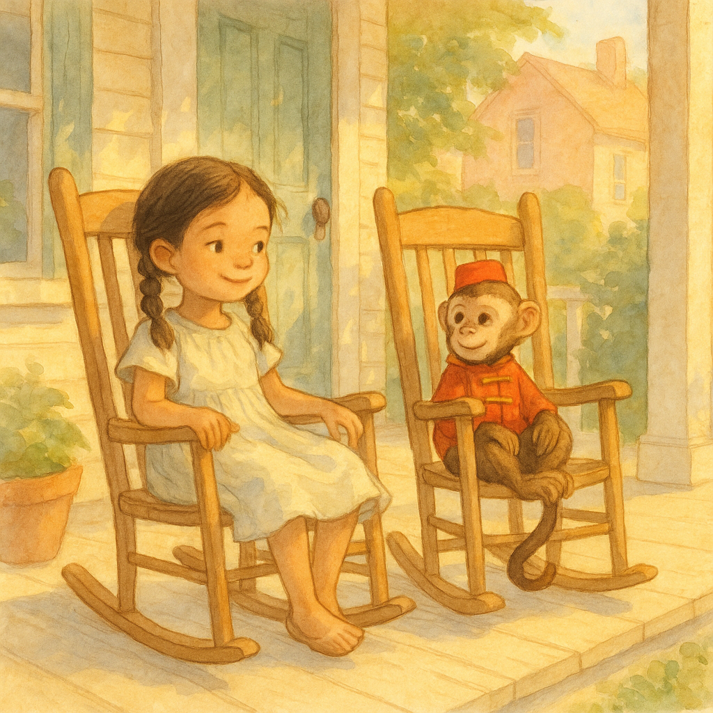 A girl and a monkey rock side by side in matching chairs on a porch, in Harriet's Monkey.