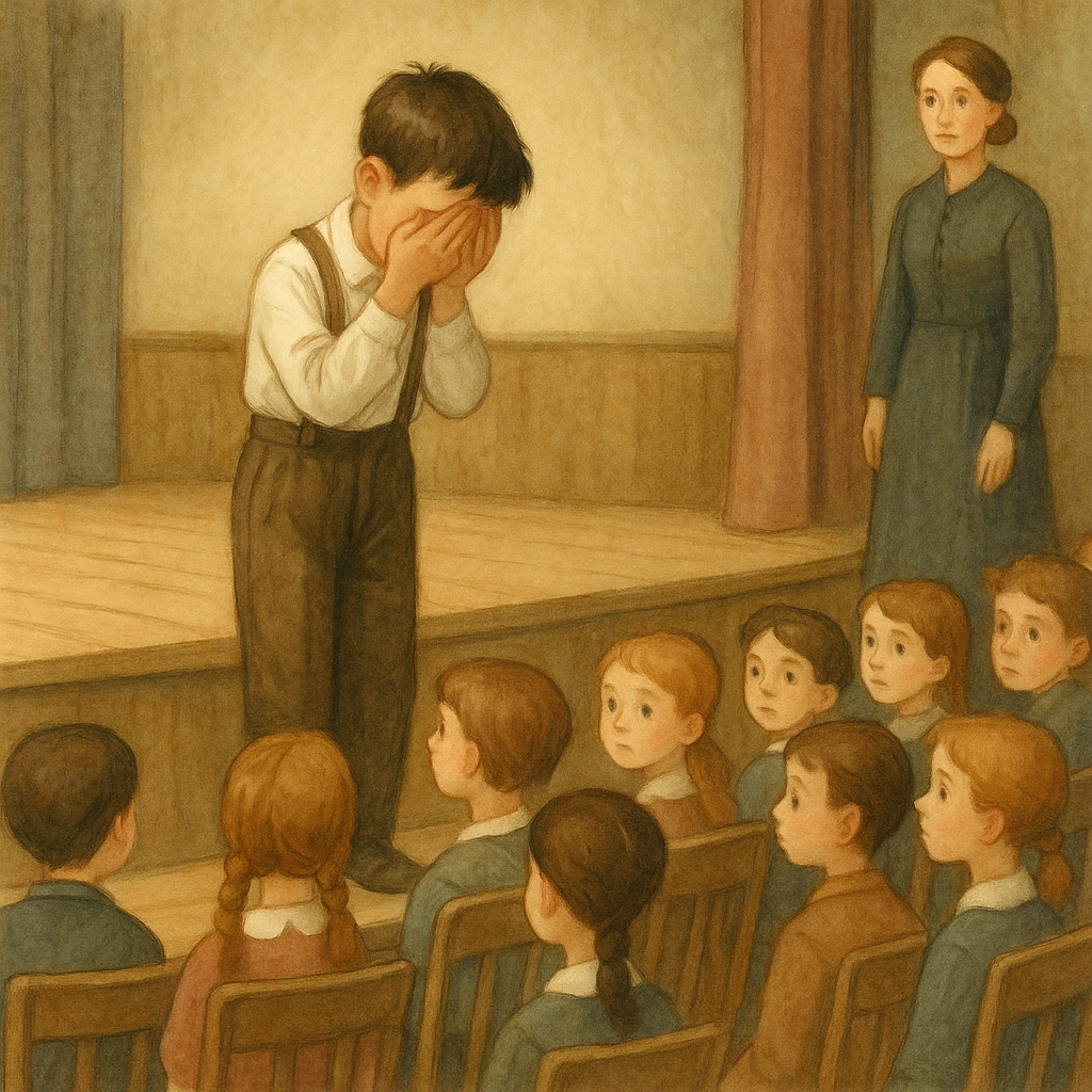 A boy cries on stage in front of his class in an illustration from Harry's Composition.