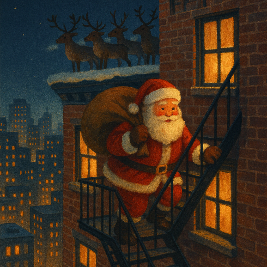 Santa Claus climbing down a city fire escape at night, reindeer waiting on the rooftop above, in Homes without Chimneys