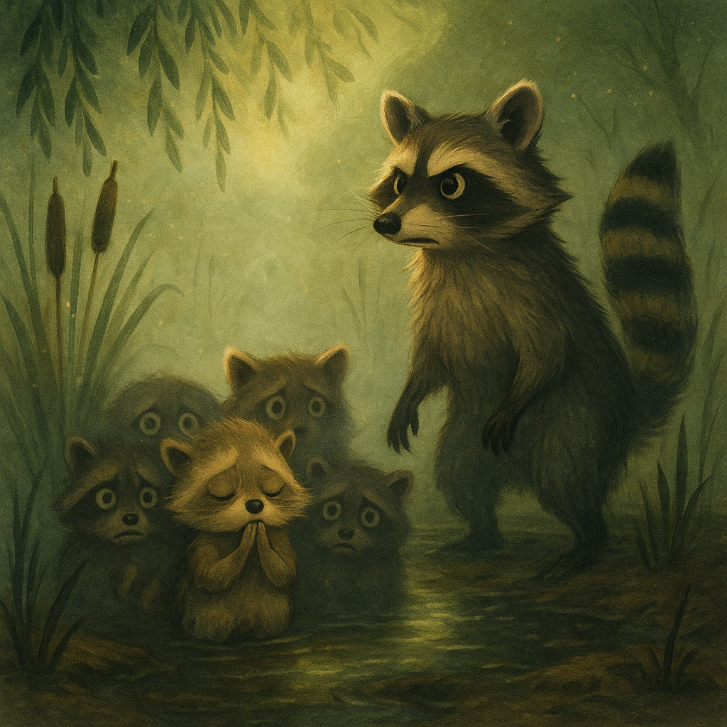 A young raccoon makes a wish in the swamp while Daddy Raccoon stands guard, in How a Wish Saved the Raccoons.