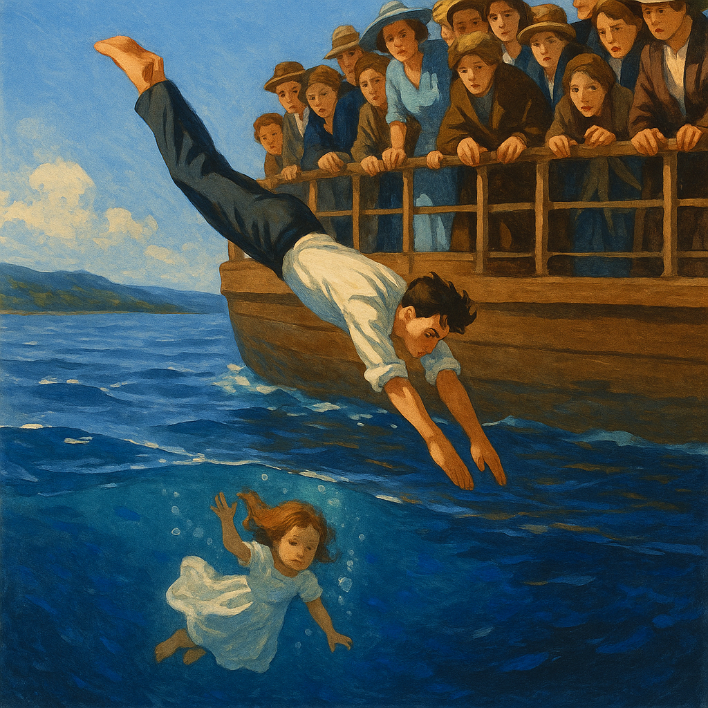 Arthur dives from a crowded boat to rescue a little girl in a white dress in "How Arthur Saved a Little Girl"