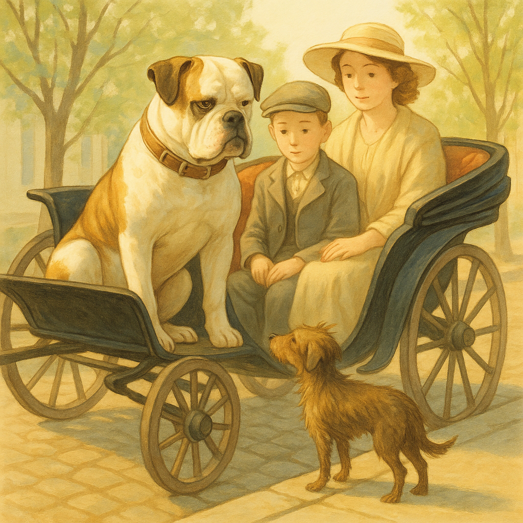 Rowdy the bulldog gazes at a stray dog from a carriage in How Rowdy Shared His Home