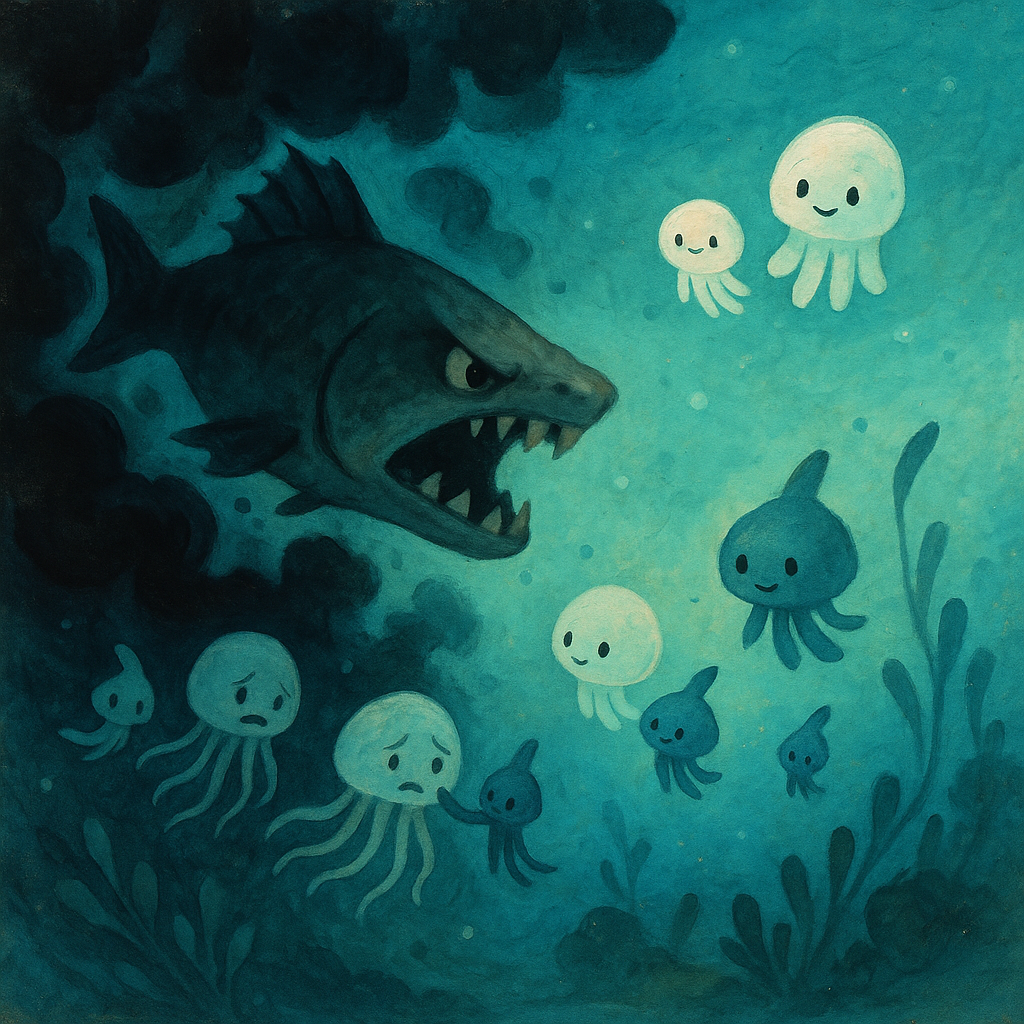 A large fish lunges through a cloud of dark ink while inkfish guide jellyfish to safety, from How the Inkfishes Protect Themselves.