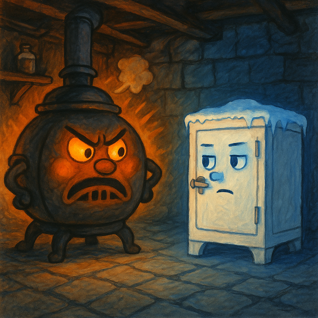 A proud glowing furnace argues with a calm icebox in a cellar, in Ice Box and Furnace by Mary Graham Bonner.