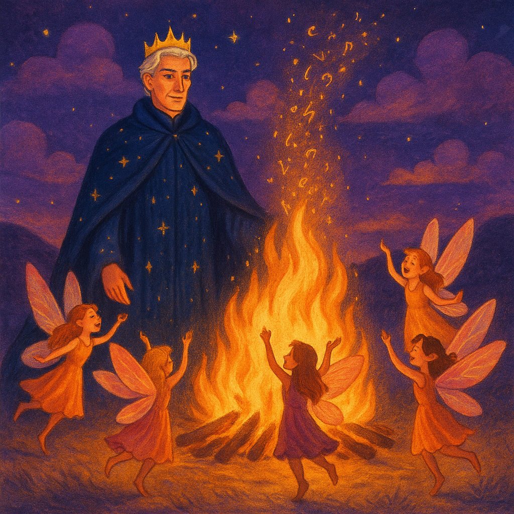 The Dream King and fairies dance around a bonfire of unspoken cruel words in Dreamland, illustrating "In Dreamland."