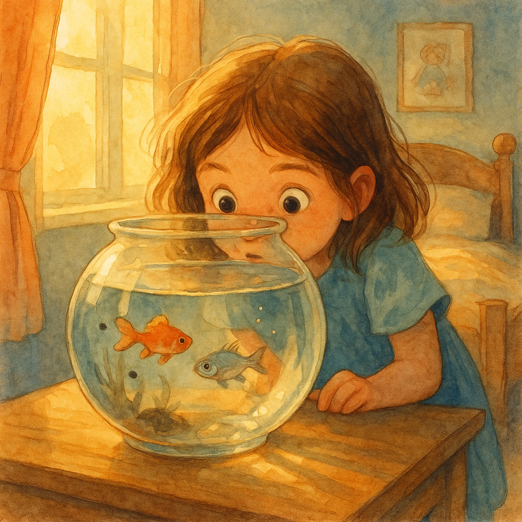 A girl watching tiny fish in a glass bowl — an illustration from "In the Fish Bowl"