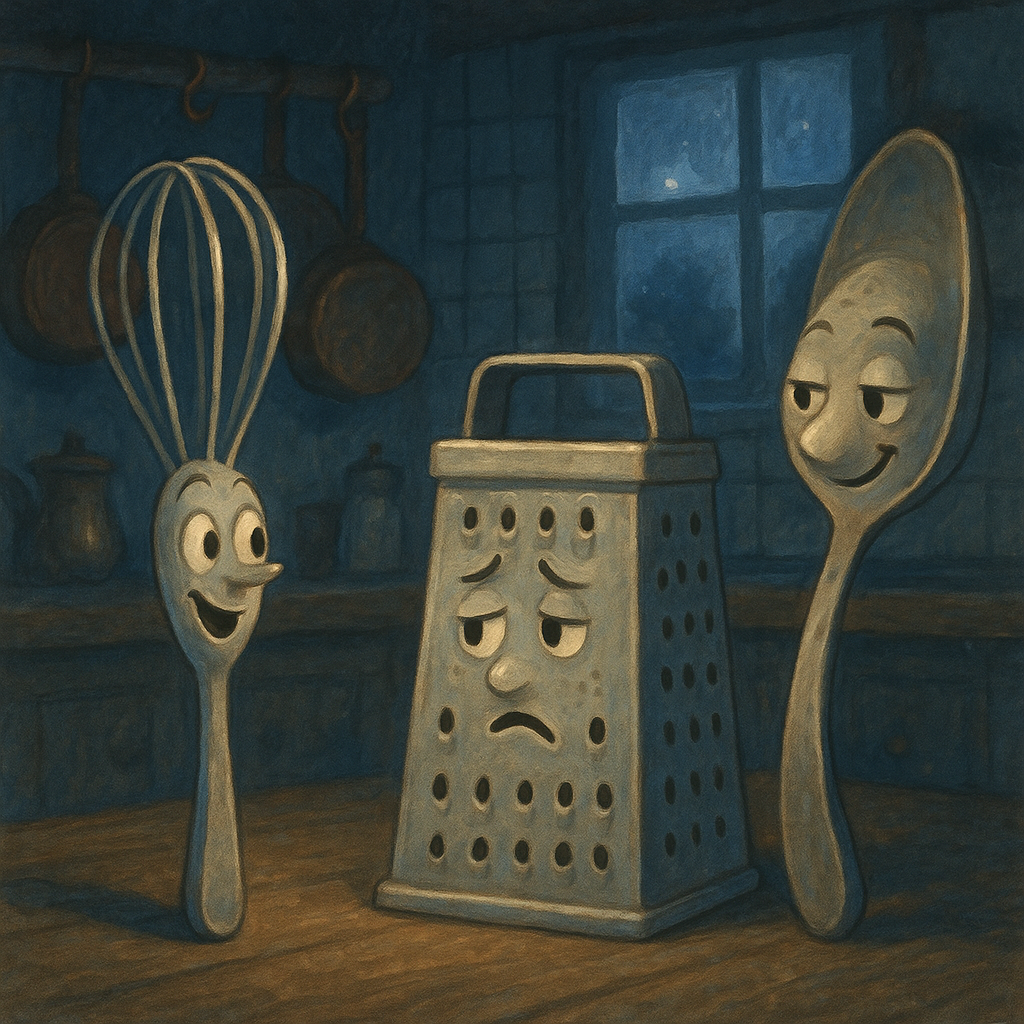 An egg beater, cheese grater, and gravy spoon meet at night in "In the Kitchen"