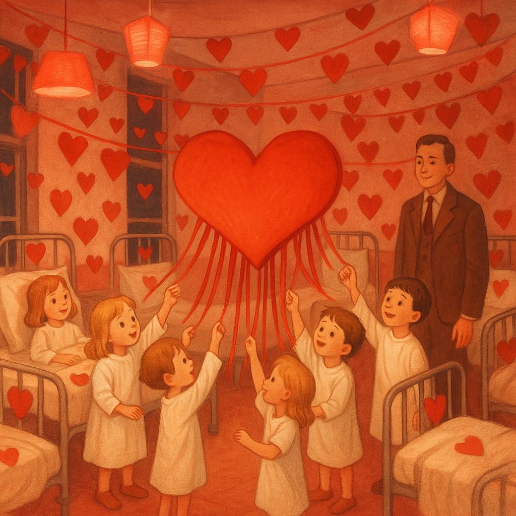 Children in a rosy hospital ward pulling red ribbons from a giant heart in Isa's Valentine Party.