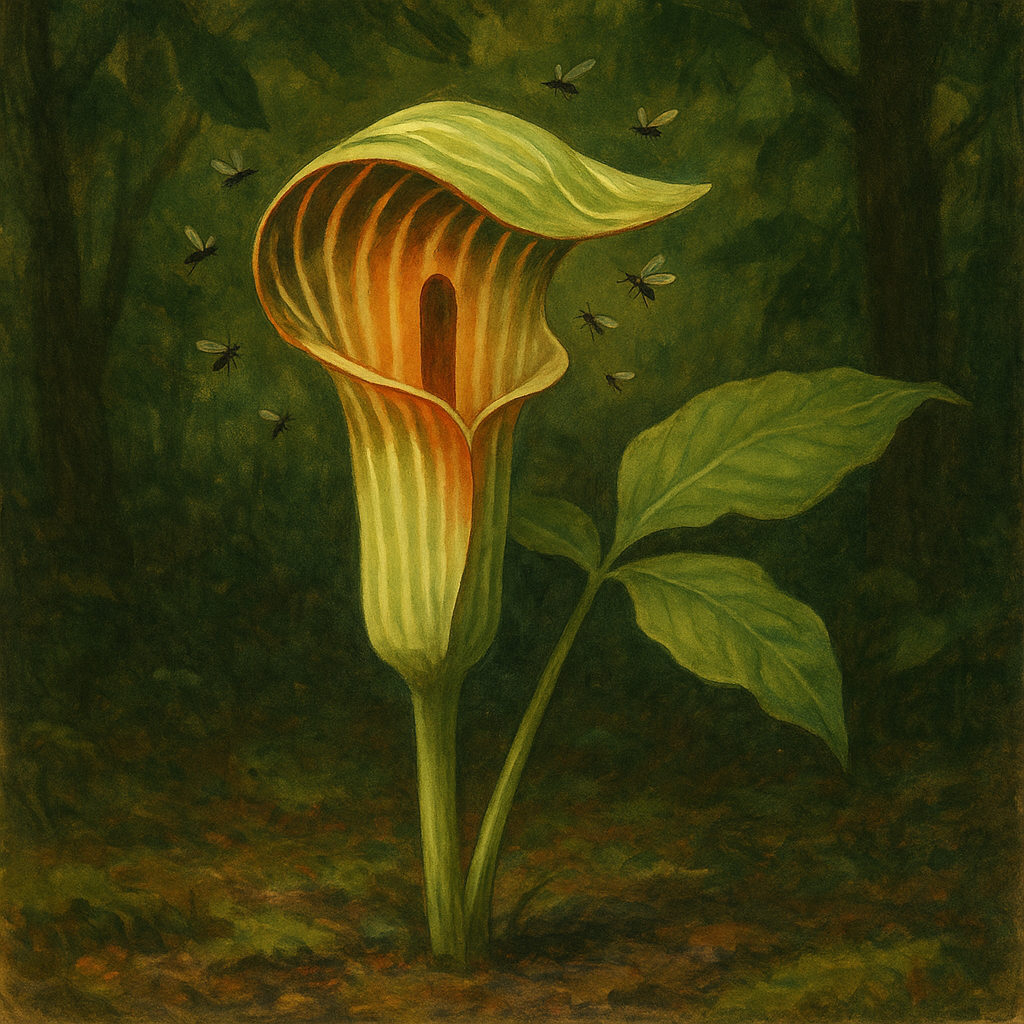 A striped Jack-in-the-Pulpit flower preaching to tiny gnats and flies in a shaded forest, illustrating the story.
