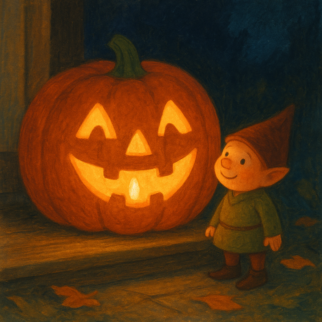 A glowing Jack-O'-Lantern and a small brownie on a doorstep at night, from Jack O'Lantern by Mary Graham Bonner.