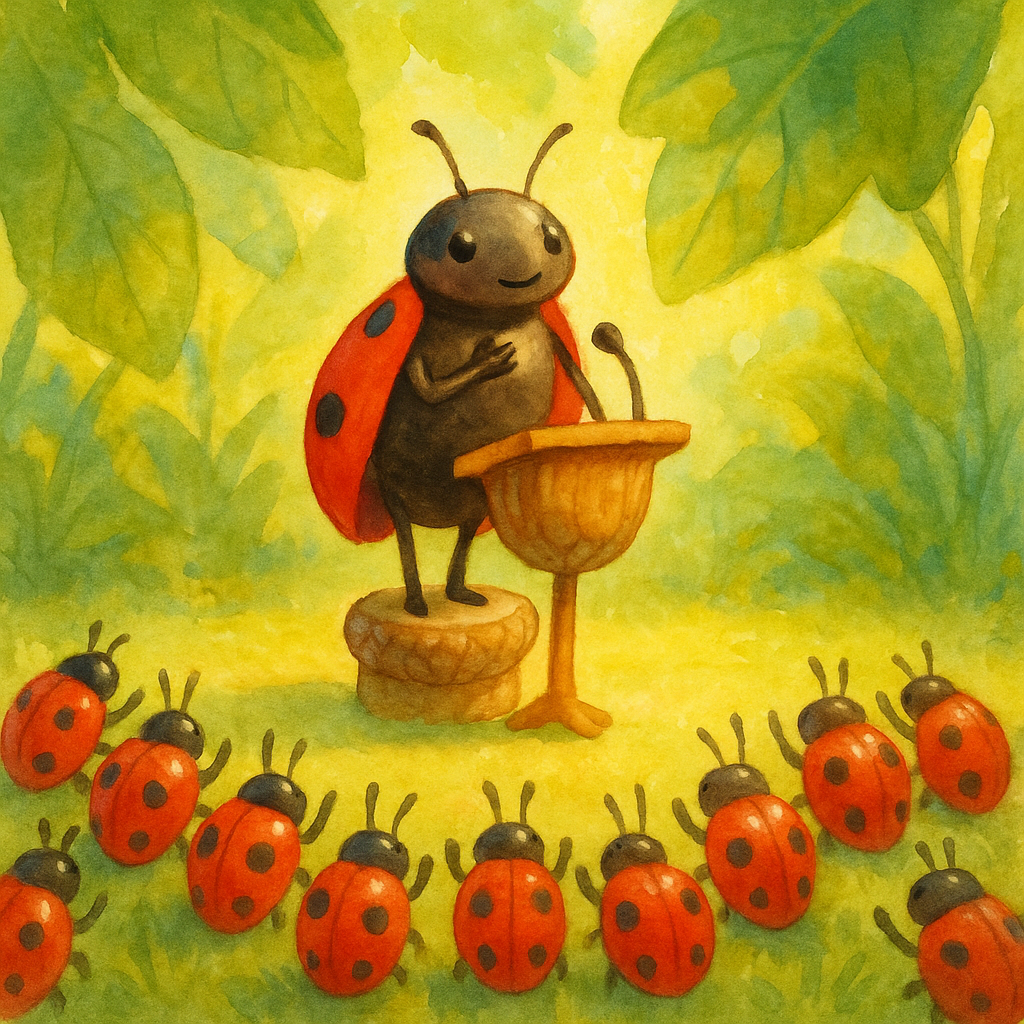 A ladybug lecturer at an acorn-cup podium addressing a cheering crowd in Ladybug's Lecture.