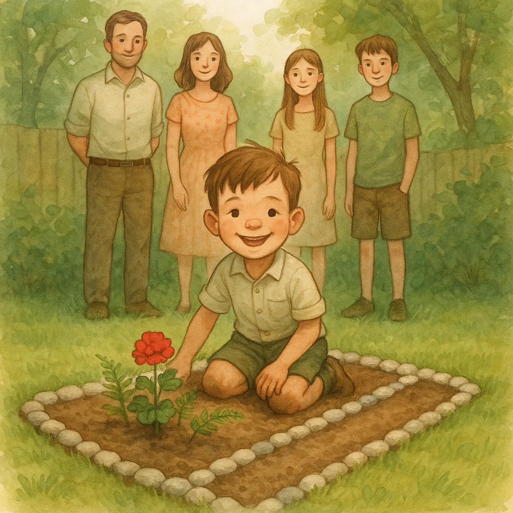 A five-year-old boy proudly shows his little garden to his family in Larry's Labor Day.