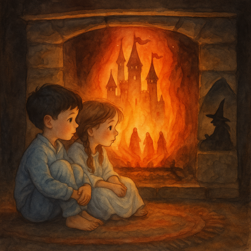 Two children sit before a glowing fireplace seeing castles and a witch in the flames, in Life in the Fireplace.