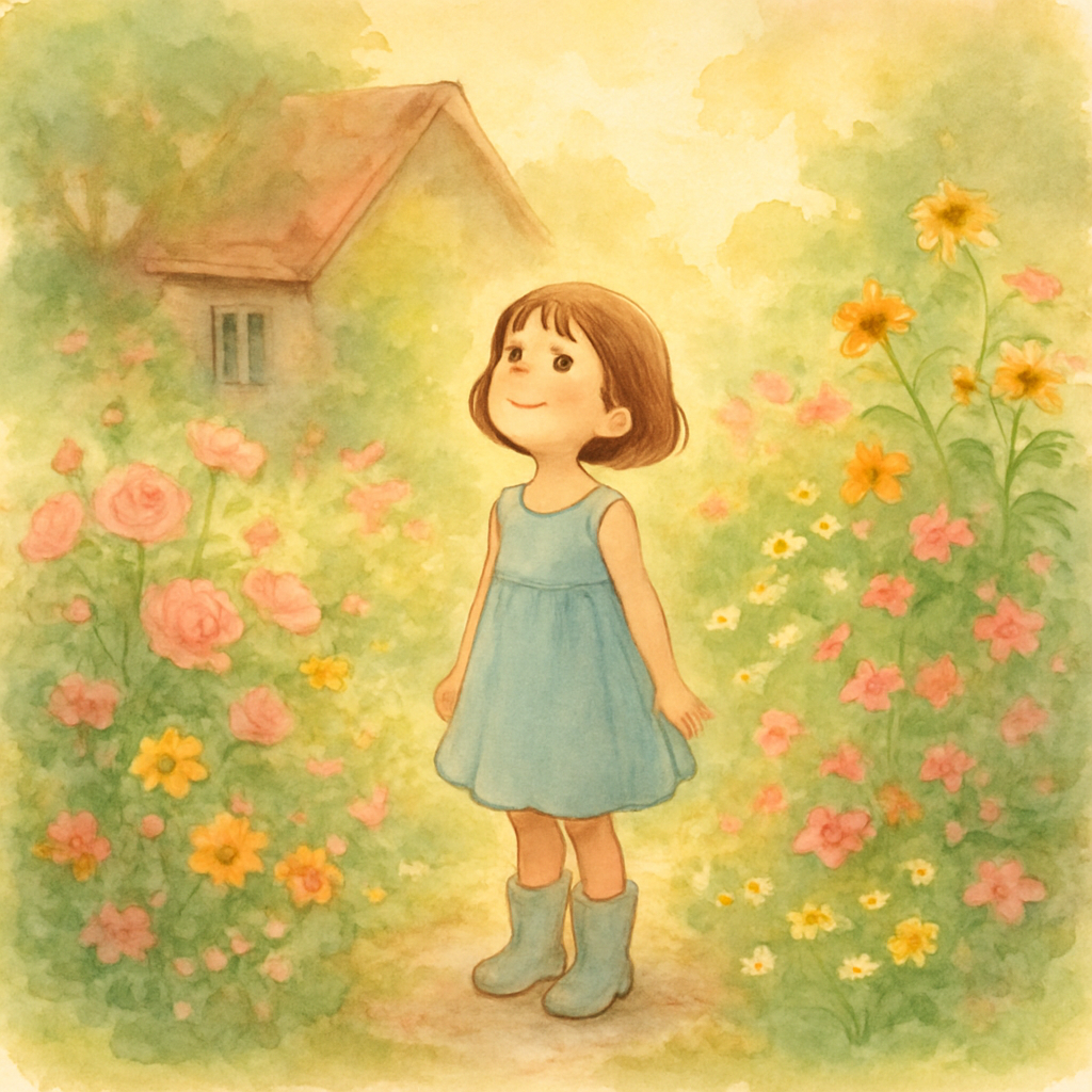A young girl smiles up at the garden air in Little Edith's Garden, surrounded by blooming flowers.