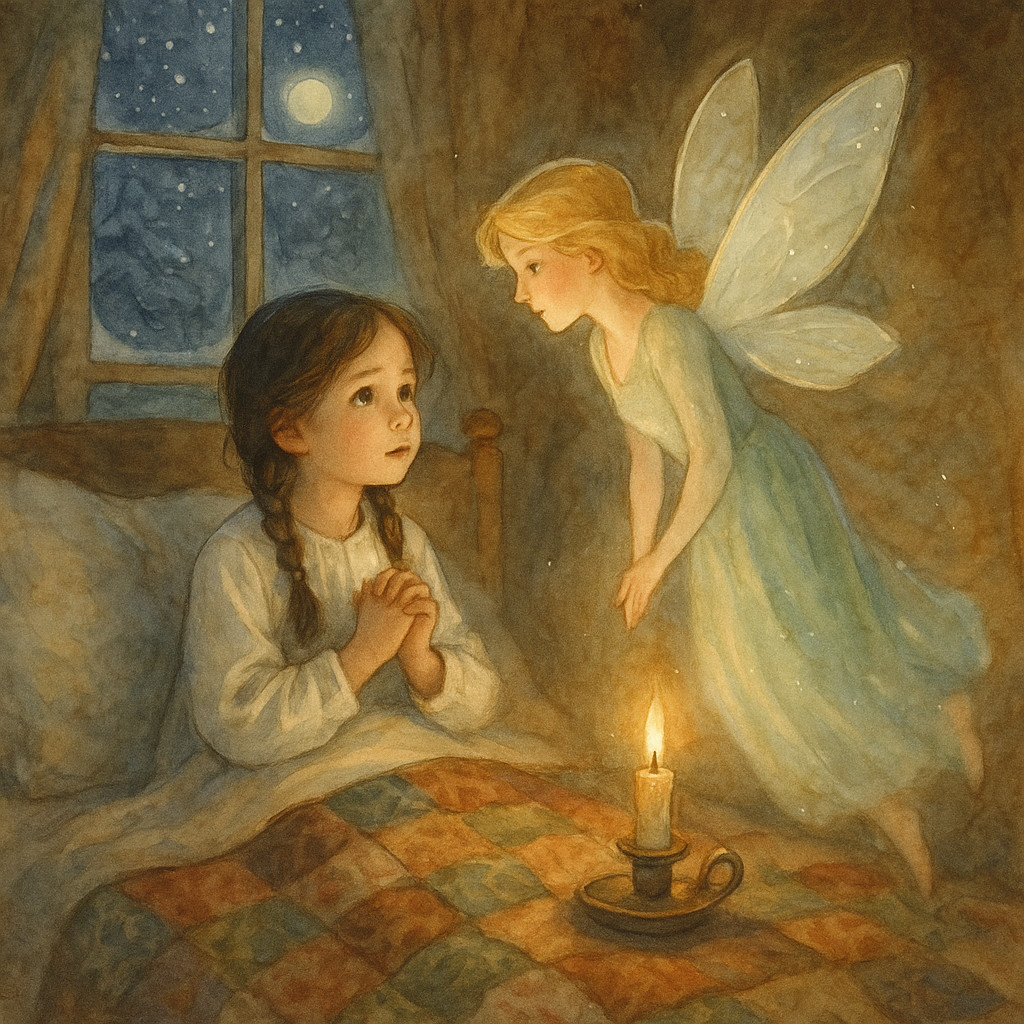 Young Janet sitting up in bed speaking to a glowing fairy on New Year's Eve, in Little Pitchers.
