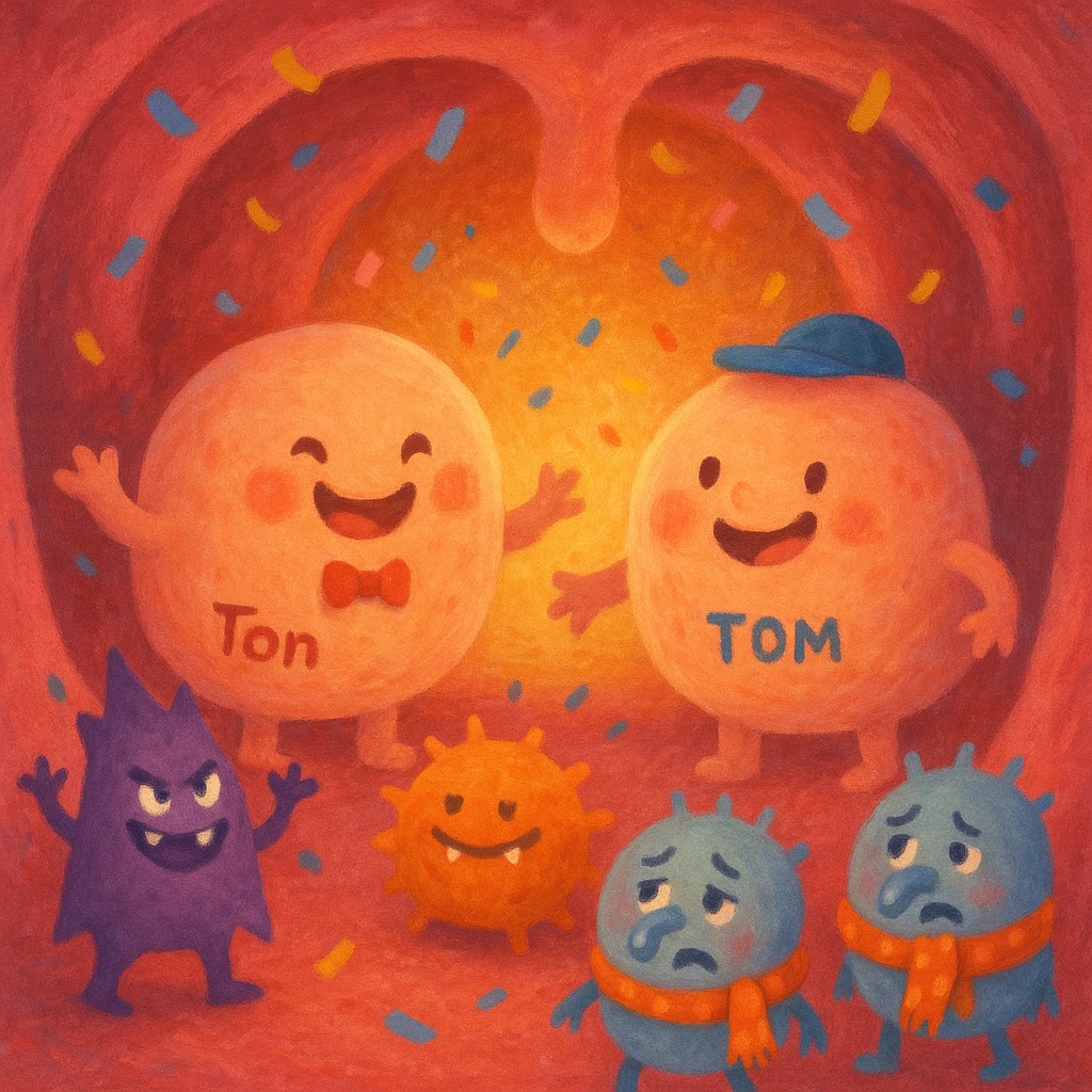 Mischievous tonsil twins Ton and Tom welcoming germ characters in Lucy's throat, from Lucy's Tonsils