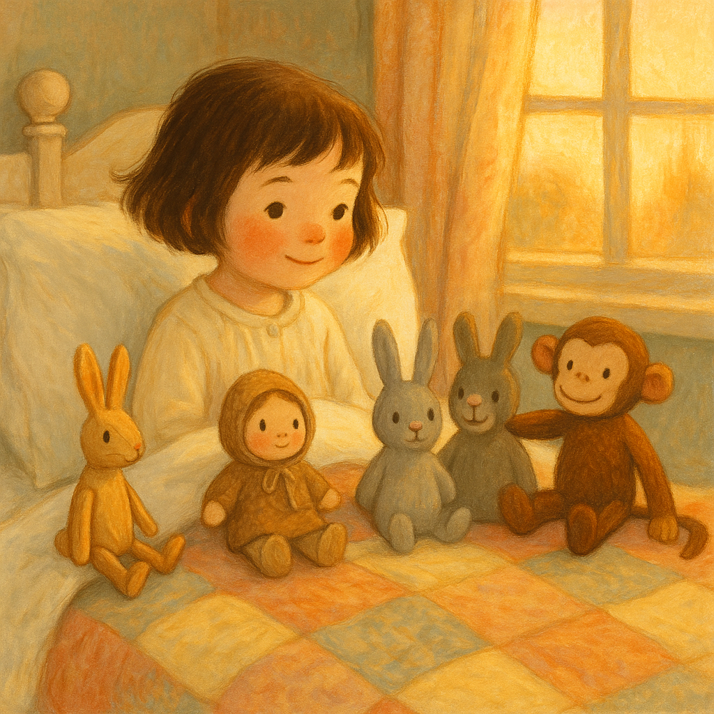 A young girl in bed surrounded by toy companions, including a wooden bunny and felt monkey, in Lucy's Visitors.