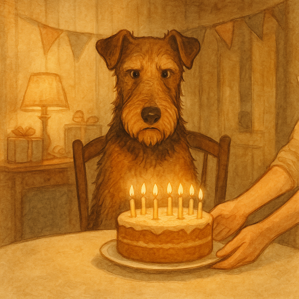 An Airedale terrier watches a birthday cake being carried in, in Mac, the Dog