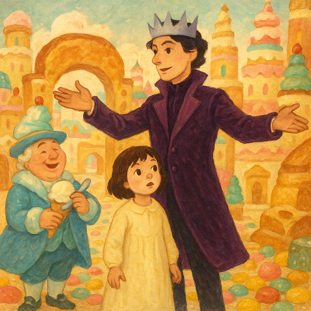 Maggie and the Dream King stand in a city made of food in Maggie's Meals