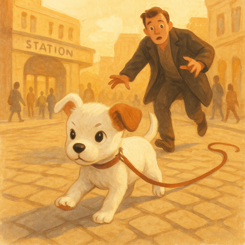 A white puppy with a brown ear slips his lead on a city street in Max's Escape