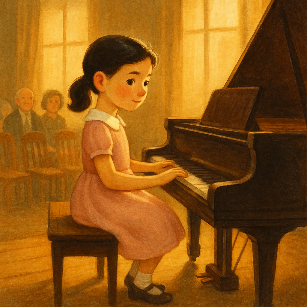 A young girl in a new pink dress plays piano on stage in Molly's Piano Recital