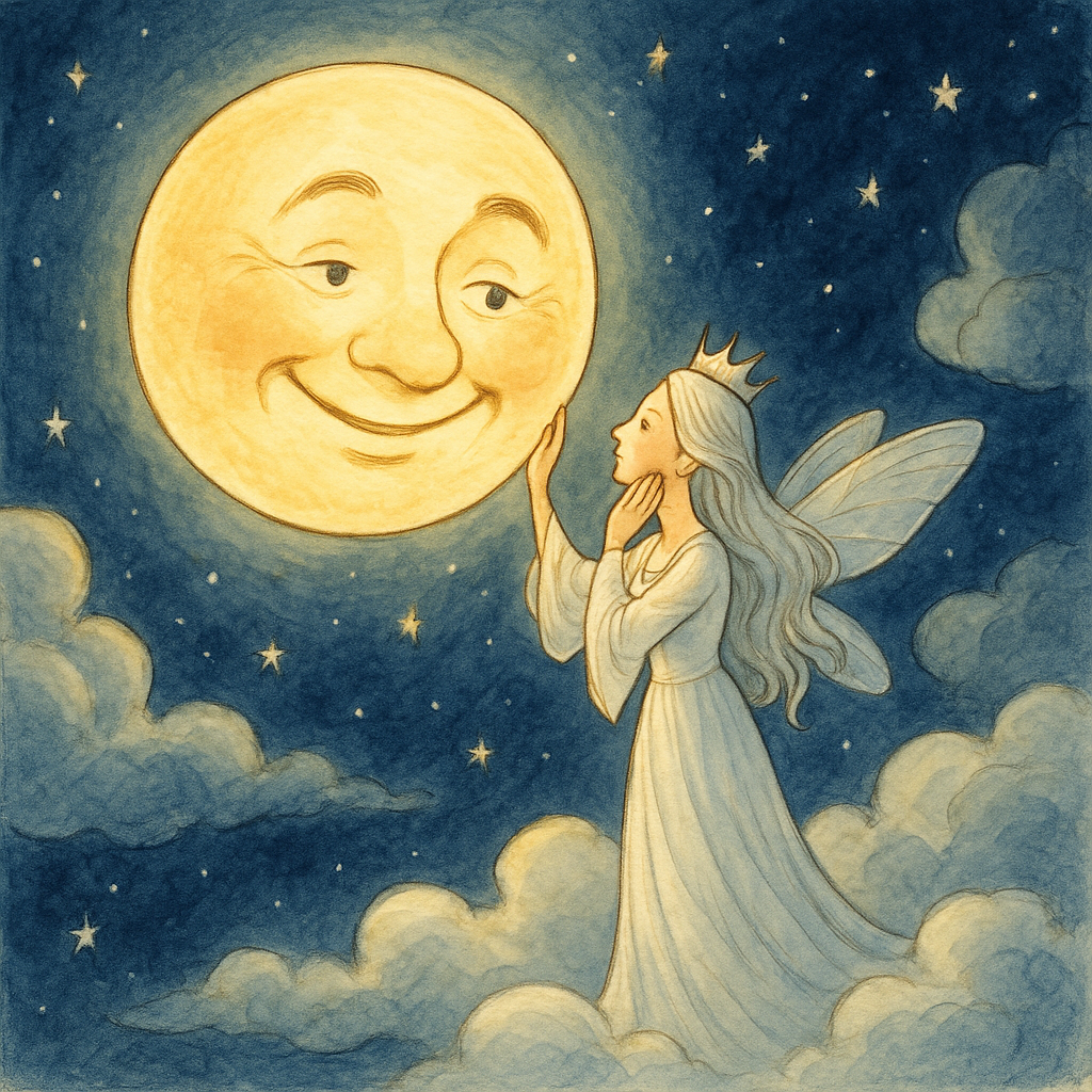 The smiling Moon looks down at the Fairy Queen on a moonlit cloud in Moon's Misunderstanding.