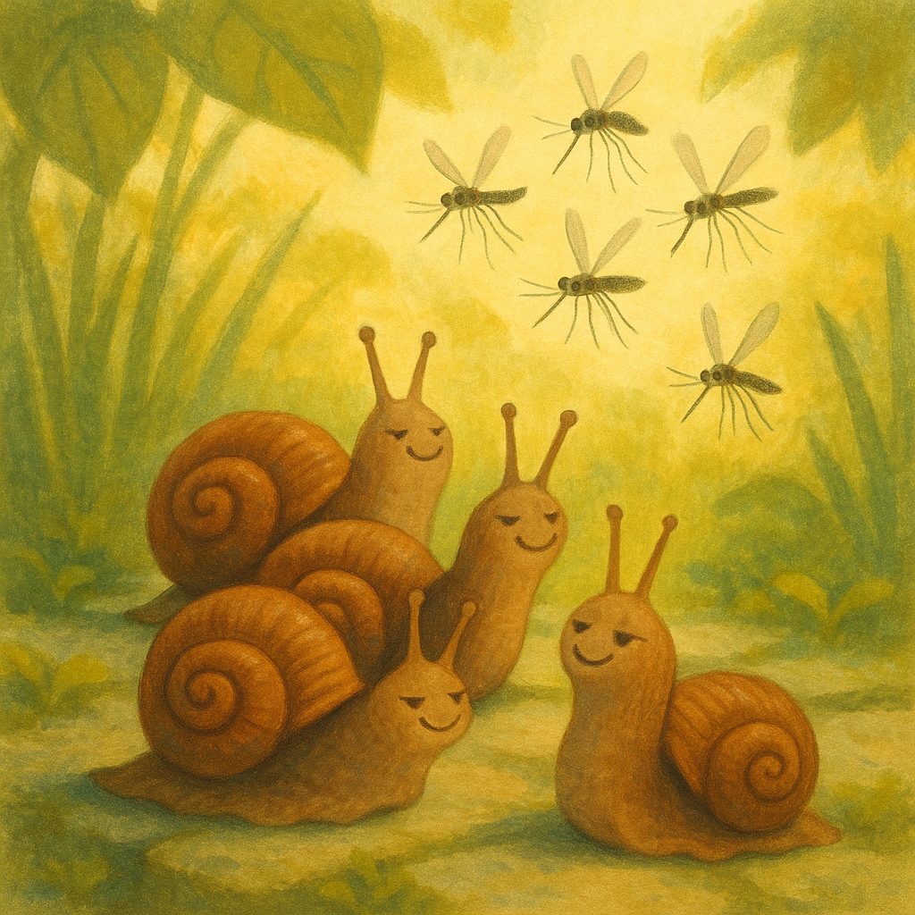 Calm snails face a swarm of frustrated mosquitoes in a sunny garden, illustrating Mosquitoes and Snails.