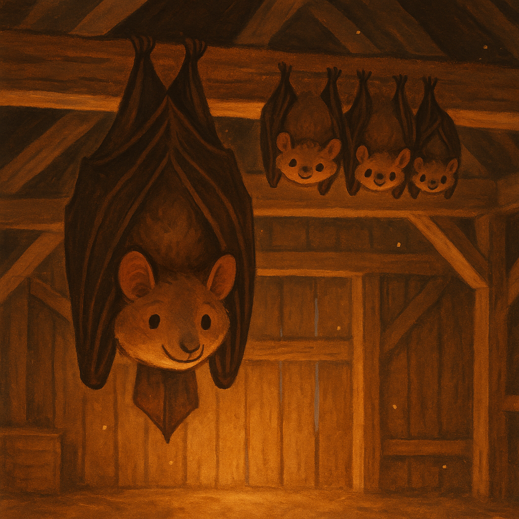 Mother Brown Bat hangs upside down with her young ones on a wooden beam in a cosy barn, from the story Mother Brown Bat.