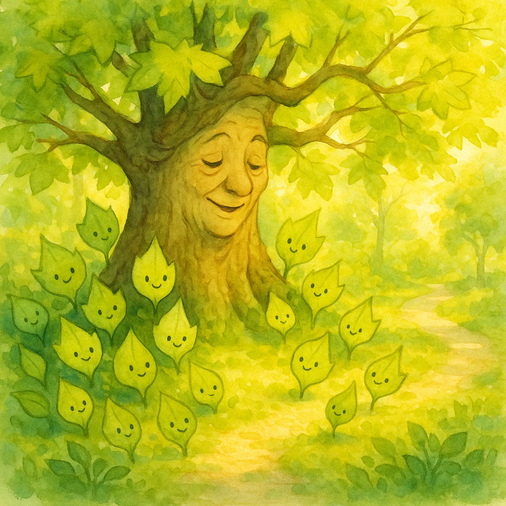 A motherly old maple tree speaks to her young spring leaves in an illustration from Mother Maple Tree.