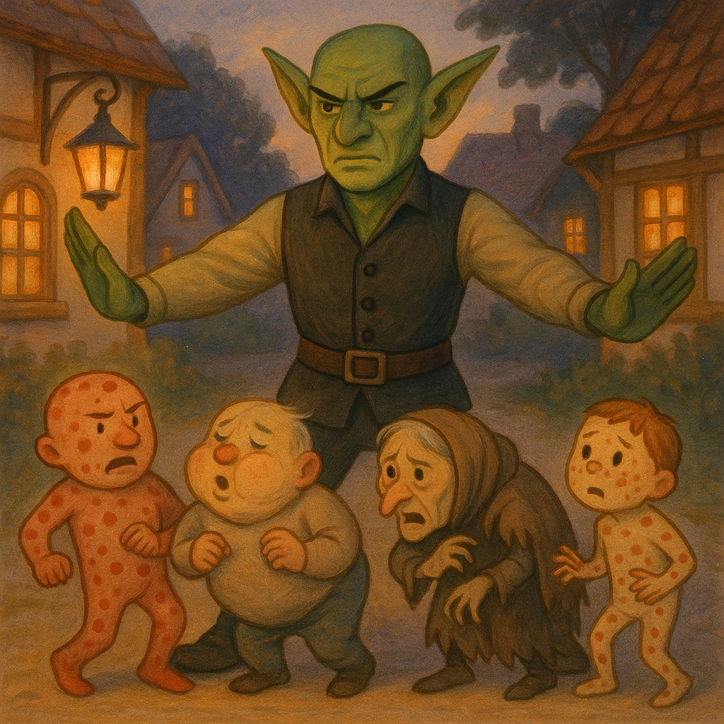 Peter Goblin blocking Mr. Measles and friends in Mr. Measles' Puzzle