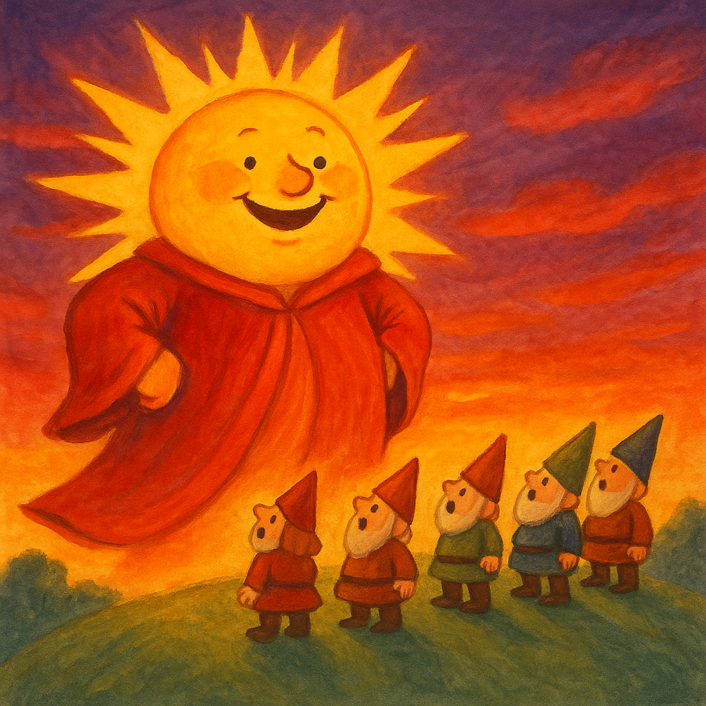 Gnomes on a hilltop gazing in wonder at a glowing red sun at sunset, in Mr. Sun's Birthday