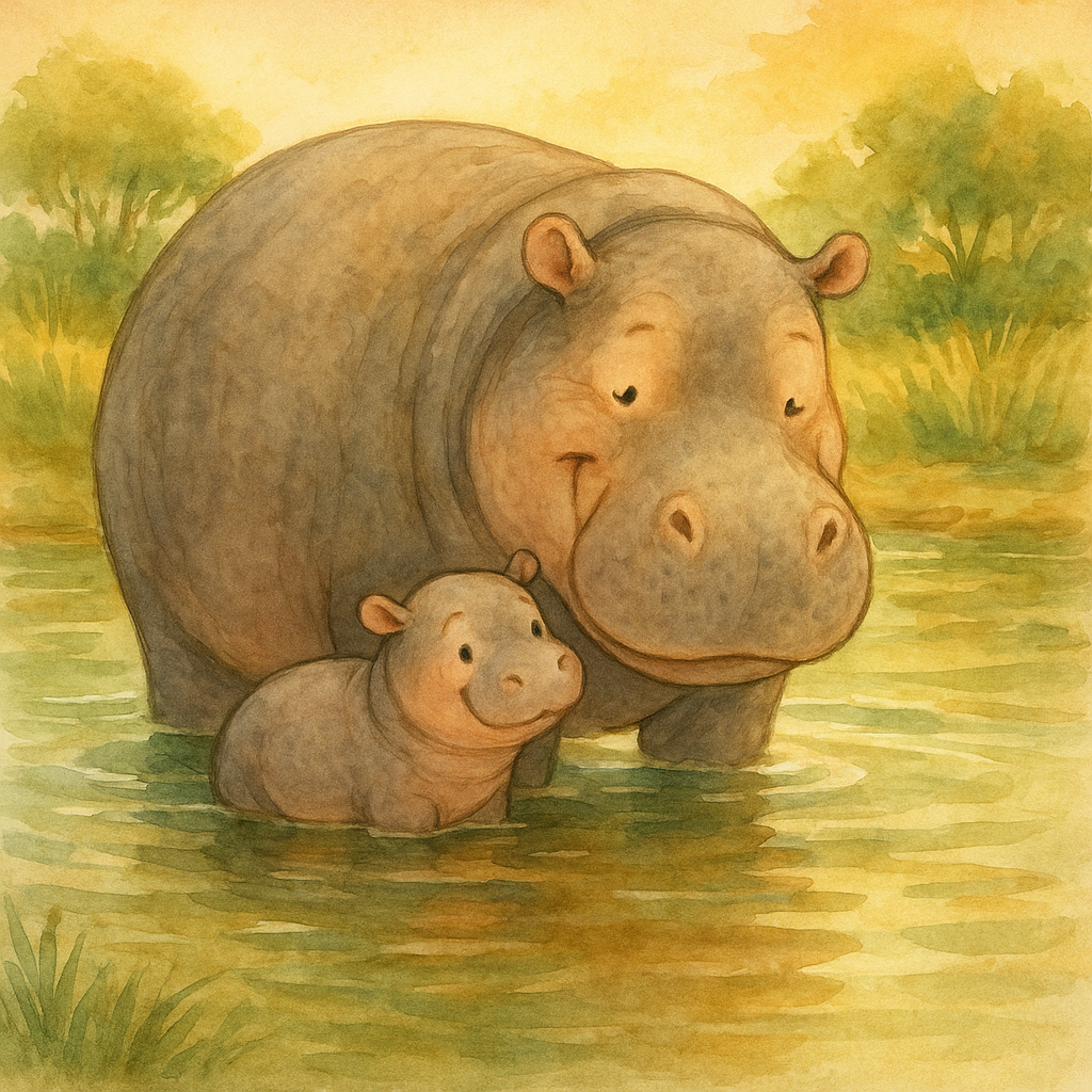 A mother hippopotamus and her baby in an African river, illustrating Mrs. Hippopotamus by Mary Graham Bonner.