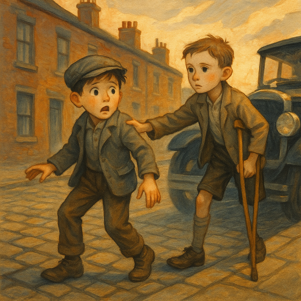 Hugh on crutches pulls Julius back from a speeding motor car in Naughty Julius