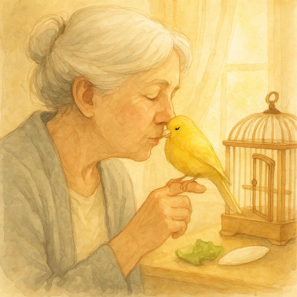 A yellow canary perches on an elderly woman's finger as she kisses his head, illustrating Nine Years Old.