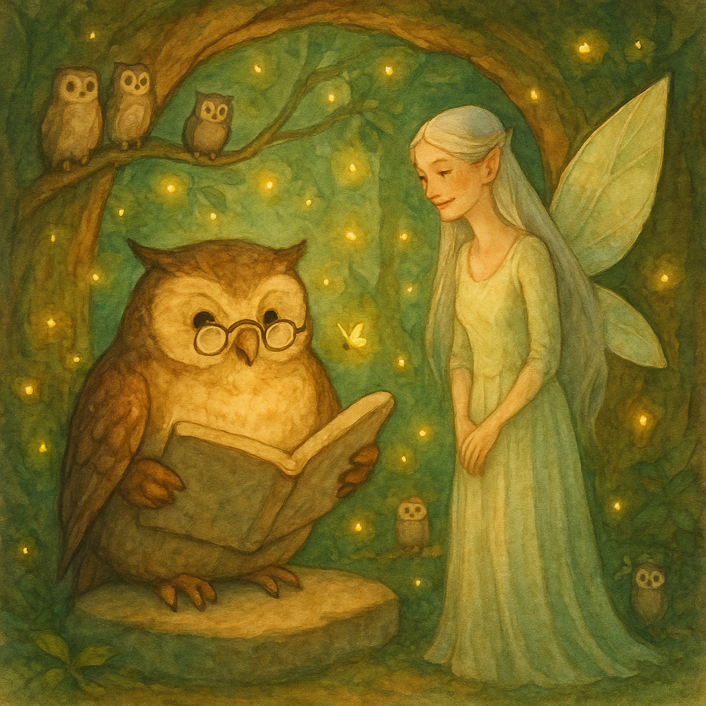 Mr. Owl reads his book by firefly light to the Fairy Queen in Old Mr. Owl Writes a Book