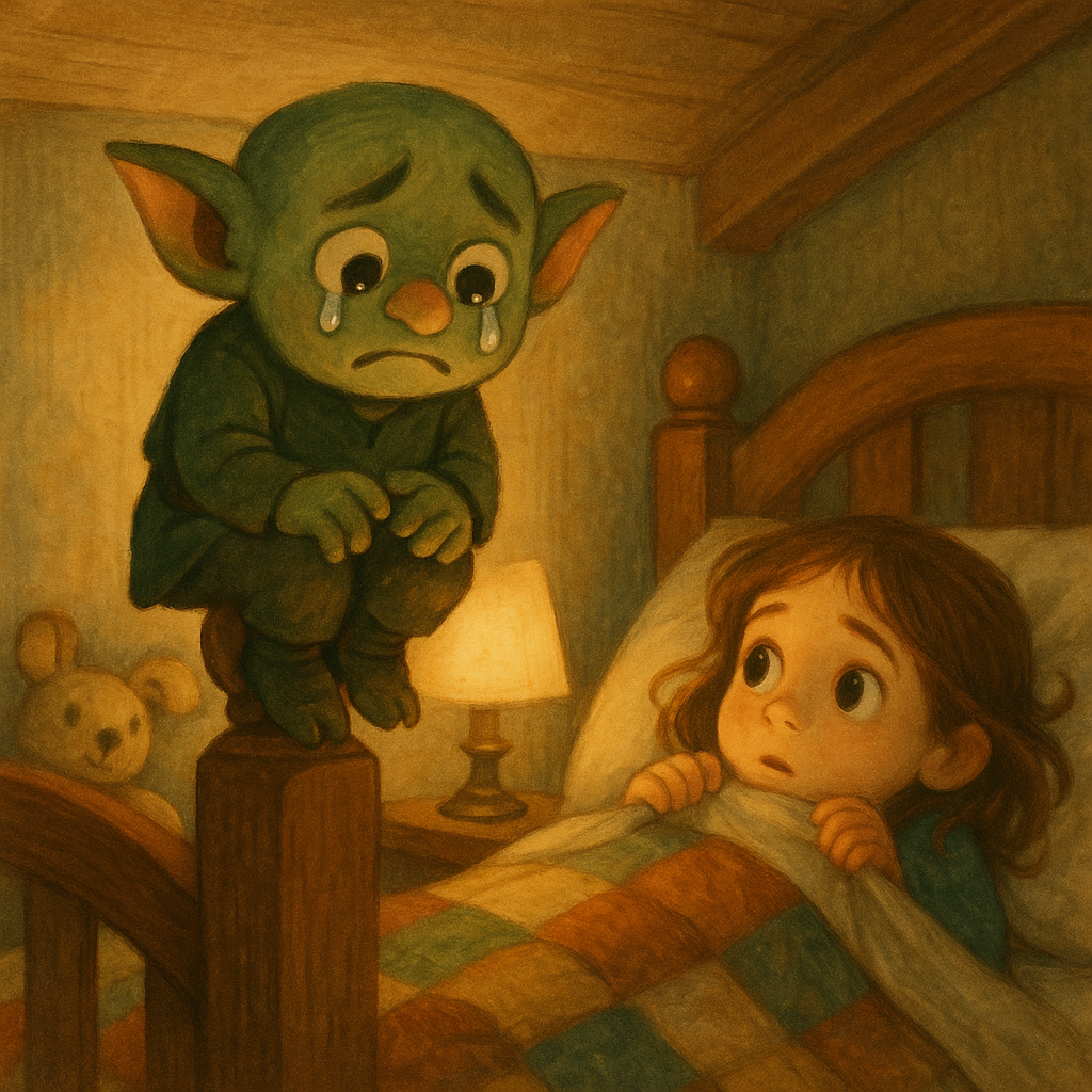 A tiny goblin with tears on his cheeks sits on a bedpost while a young girl peeks out from her blankets, in Peter Goblin's Trip.