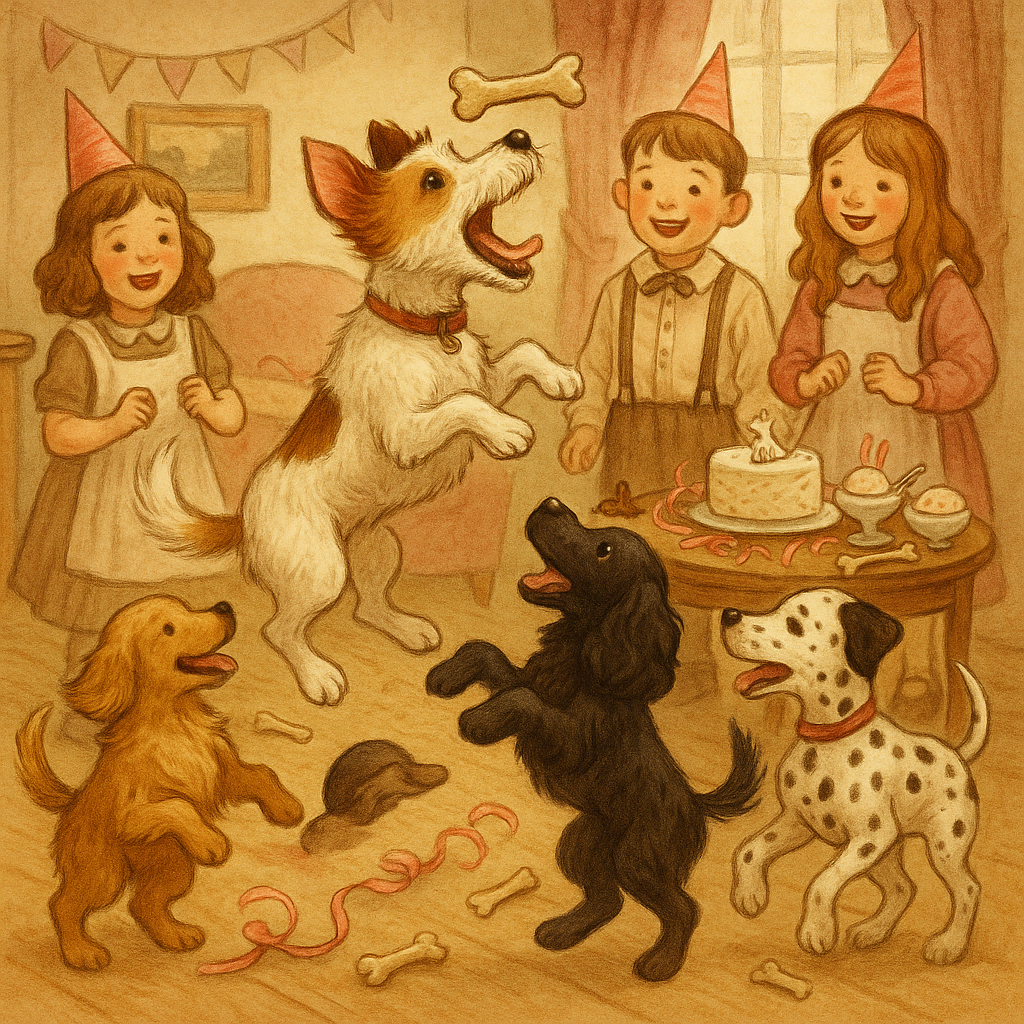 Peter Murray the dog leaps for a birthday bone surrounded by friends in Peter's Birthday Party.
