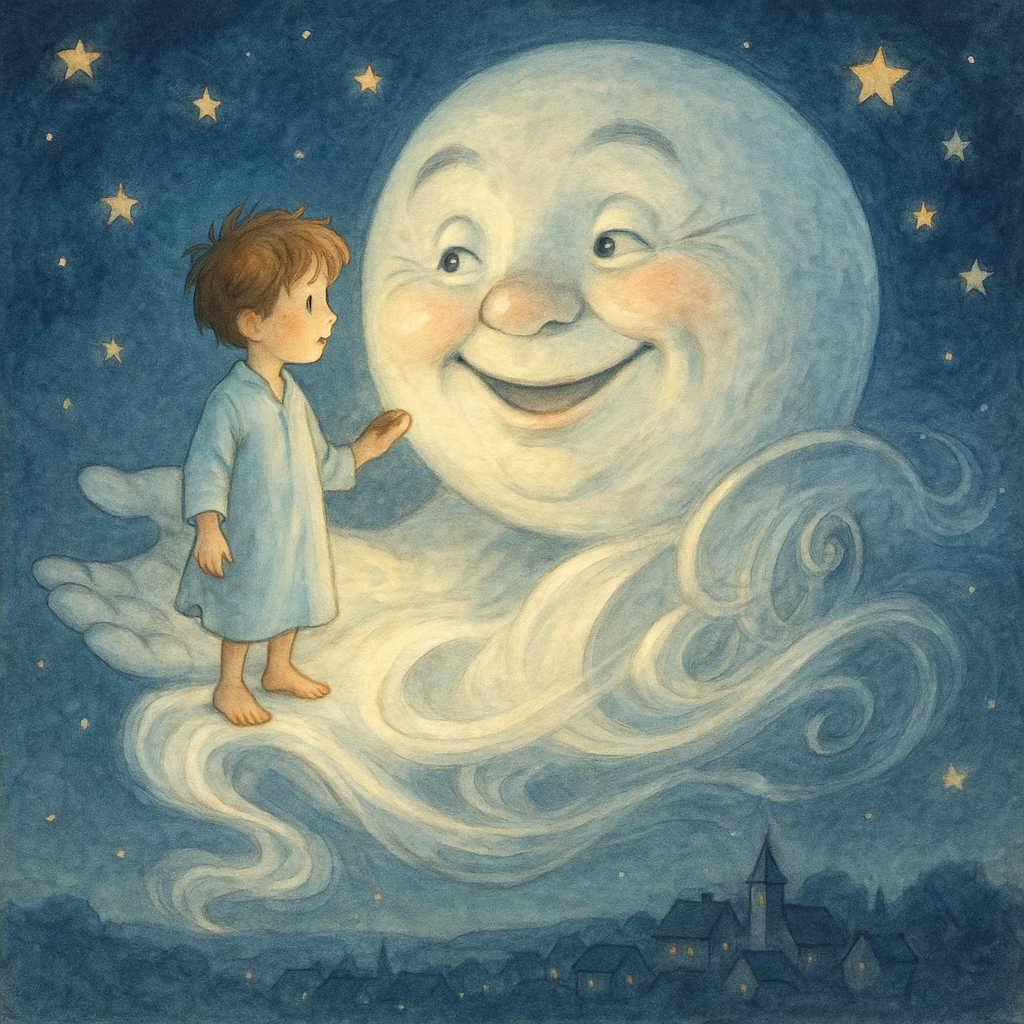 A small boy rides a silver mist chariot with the Man in the Moon across a starry night sky, illustrating Peter's Trip with the Man in the Moon.