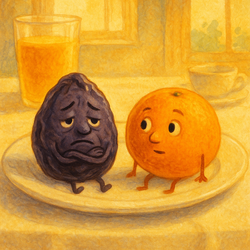 A sad dignified prune talks to a thoughtful orange on a breakfast plate, in "Poor Prunes"
